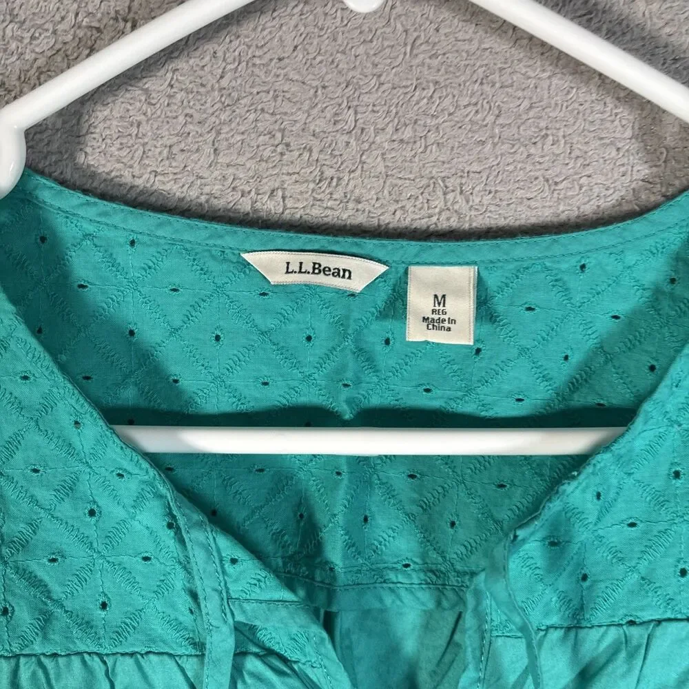 LL Bean Top Women’s Size M Teal Eyelet Chest Tie Neck‎ 3/4 Sleeve Blouse Shirt - Picture 5 of 11